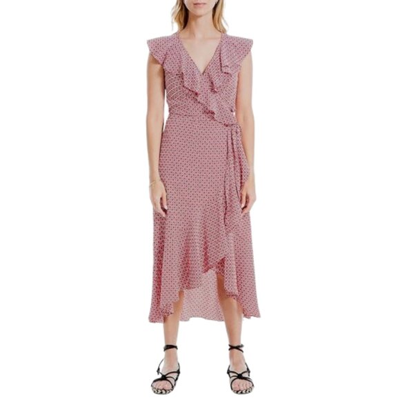 NWT Max Studio Womens Size Large Red Geometric Floral Ruffle Wrap Midi Dress NEW - Picture 1 of 7